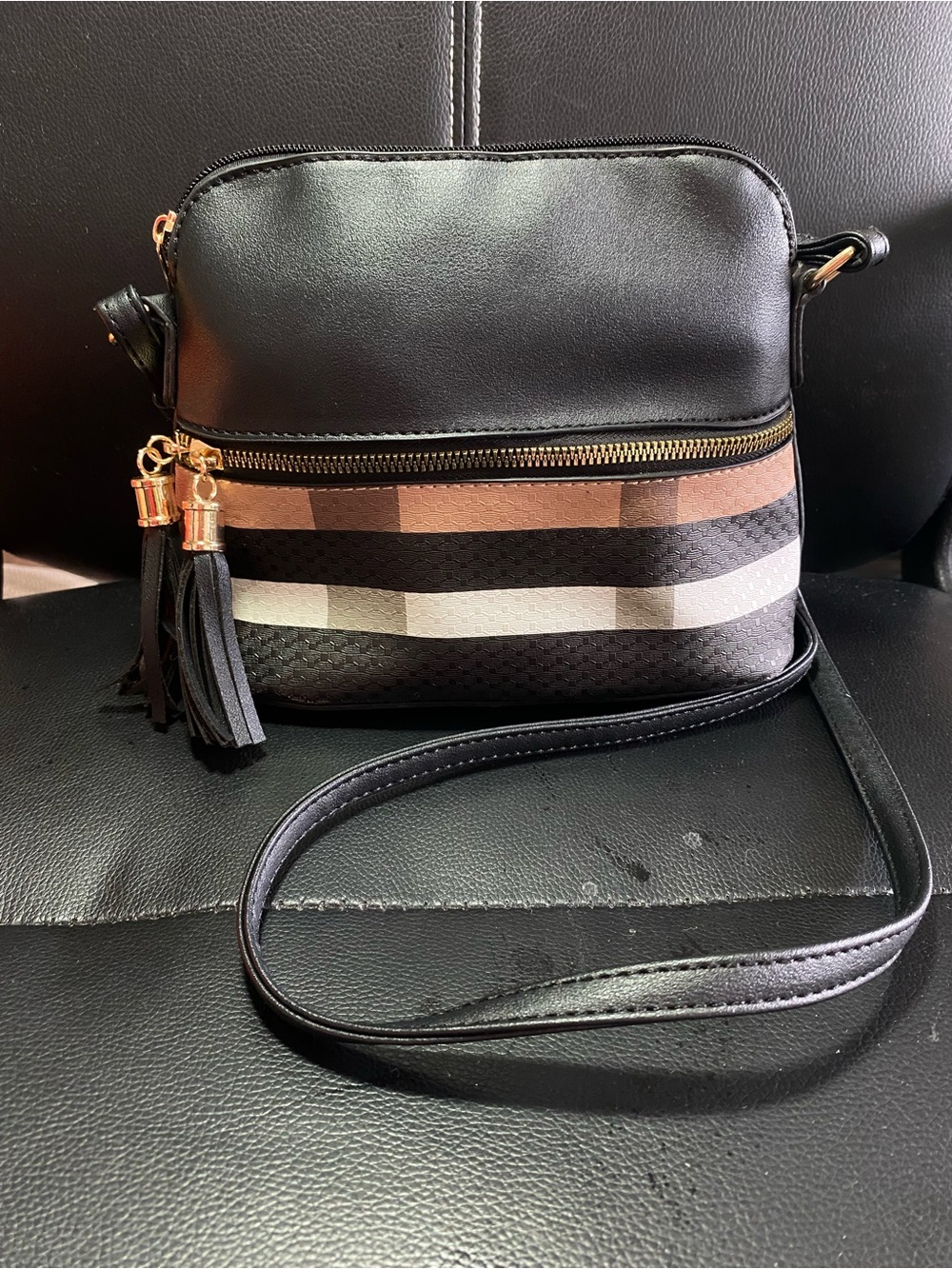 Unbranded Black Crossbody Bag with Striped Accent and Tassel Detail